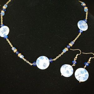 Blue flat porcelain bead chain necklace and earrings with blue bead
